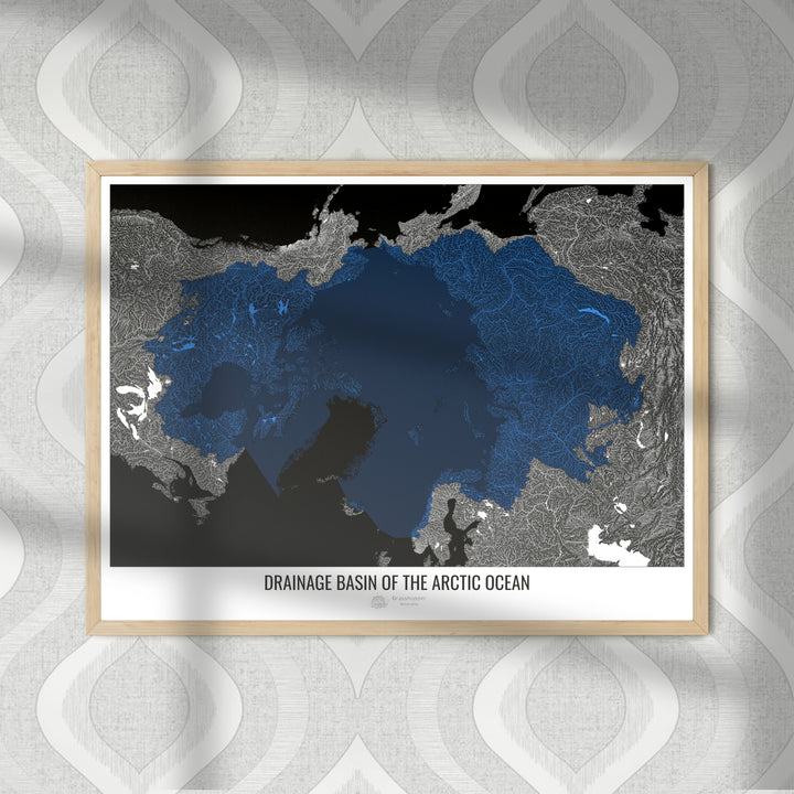 Océan Arctique - Carte des bassins hydrographiques, noir v2 - Tirage photo d'art