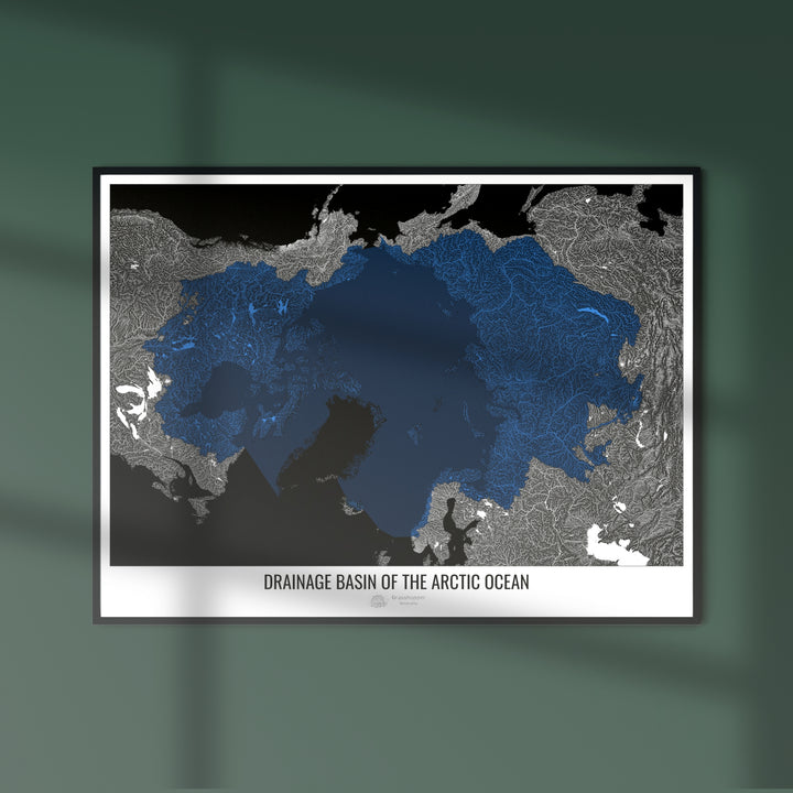 Océano Ártico - Mapa de cuencas de drenaje, negro v2 - Impresión de bellas artes