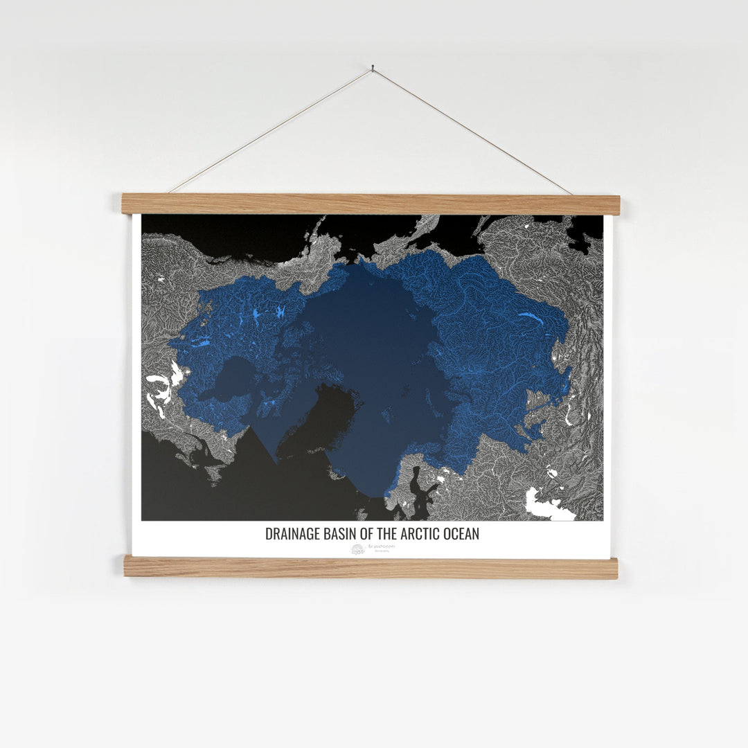 Océan Arctique - Carte des bassins hydrographiques, noir v2 - Tirage d'art avec cintre