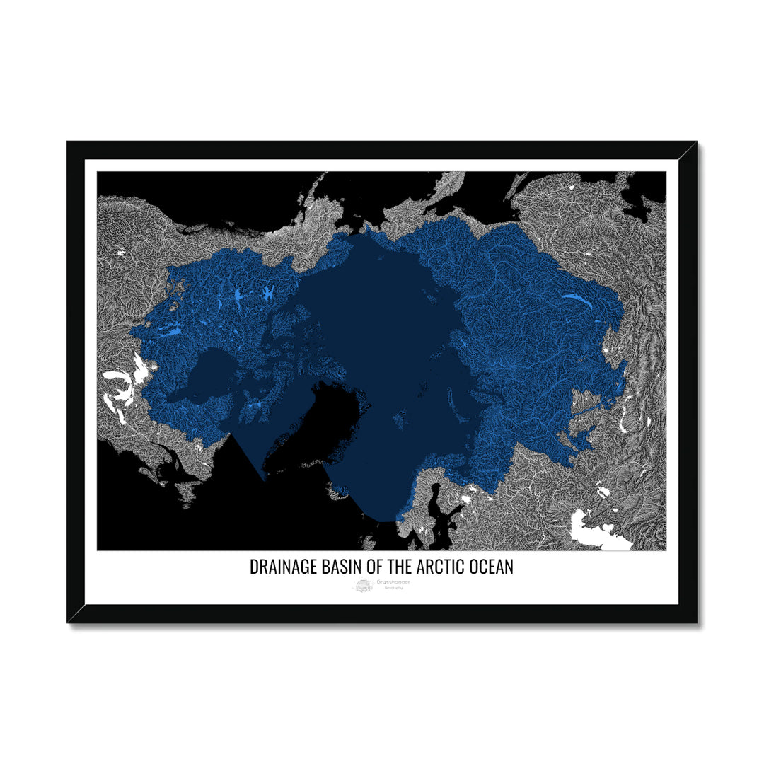 Océano Ártico - Mapa de cuencas de drenaje, negro v2 - Lámina enmarcada
