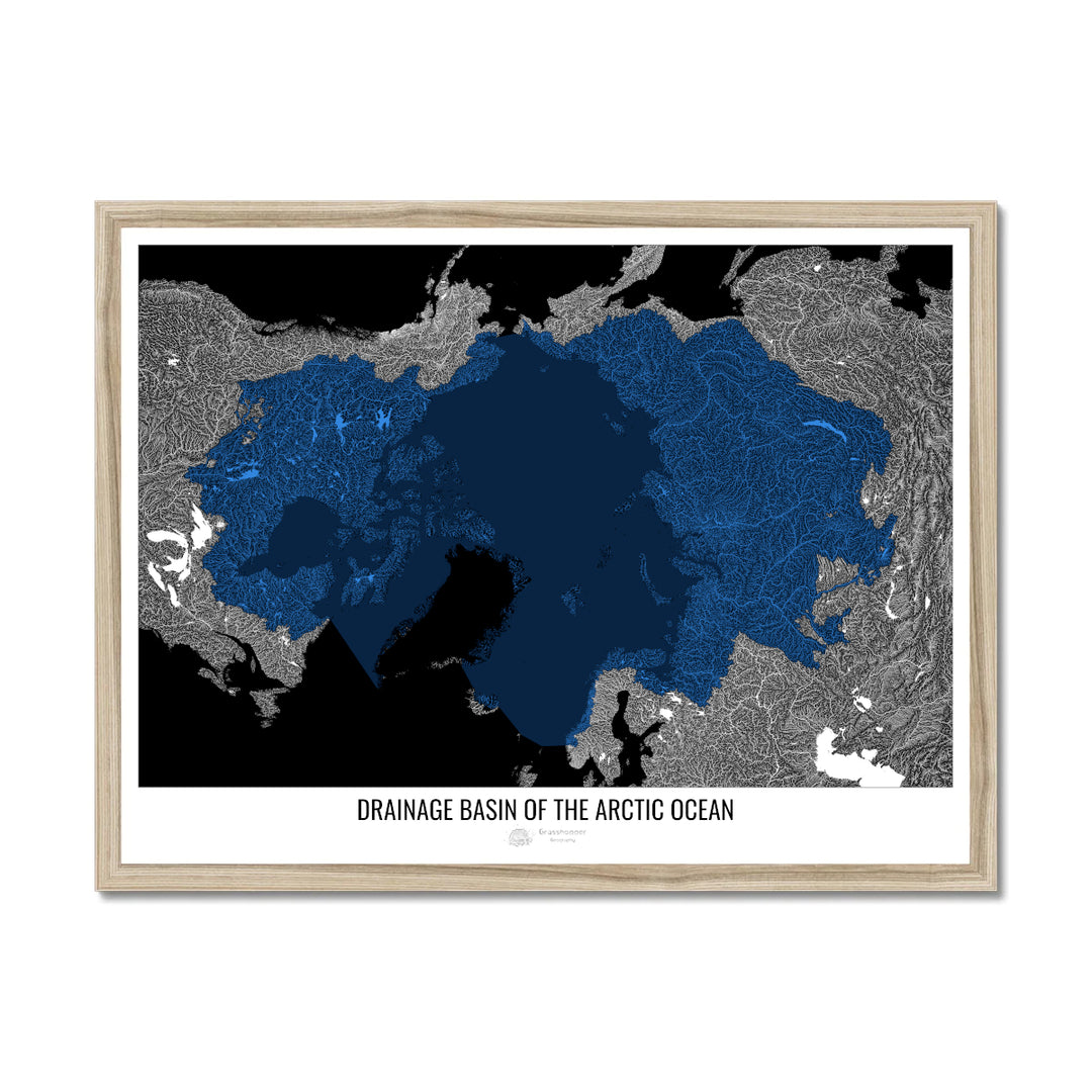 Océano Ártico - Mapa de cuencas de drenaje, negro v2 - Lámina enmarcada