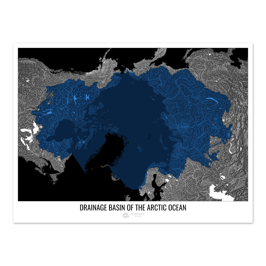 Océano Ártico - Mapa de cuencas de drenaje, negro v2 - Impresión de bellas artes