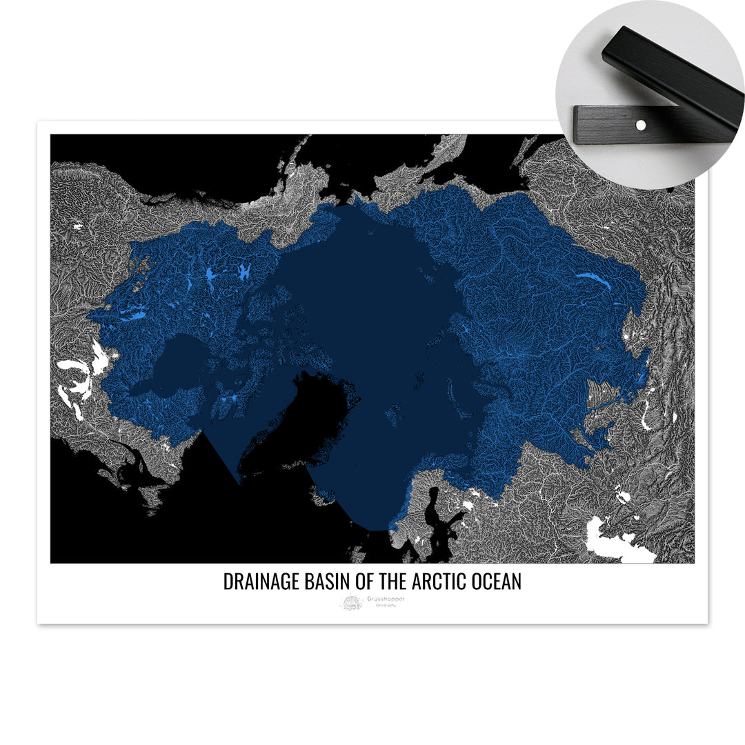 Océan Arctique - Carte des bassins hydrographiques, noir v2 - Tirage d'art avec cintre