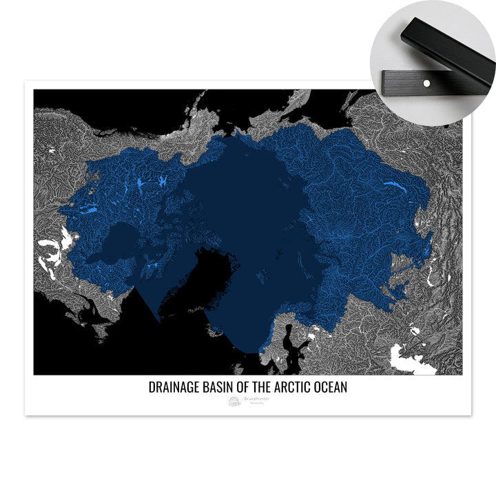 Océano Ártico - Mapa de la cuenca de drenaje, negro v2 - Impresión artística con colgador