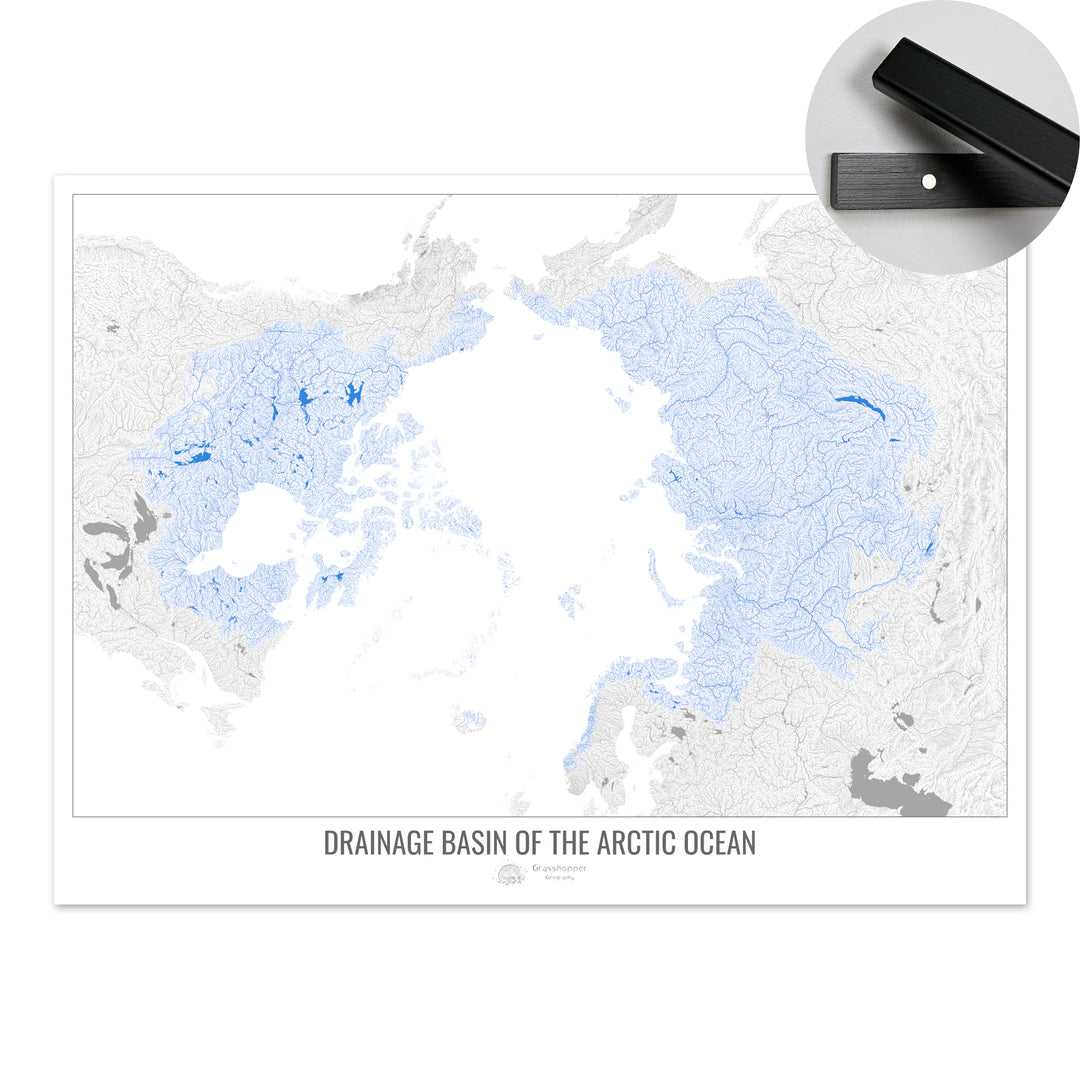 Océan Arctique - Carte des bassins hydrographiques, blanc v1 - Tirage d'art avec cintre