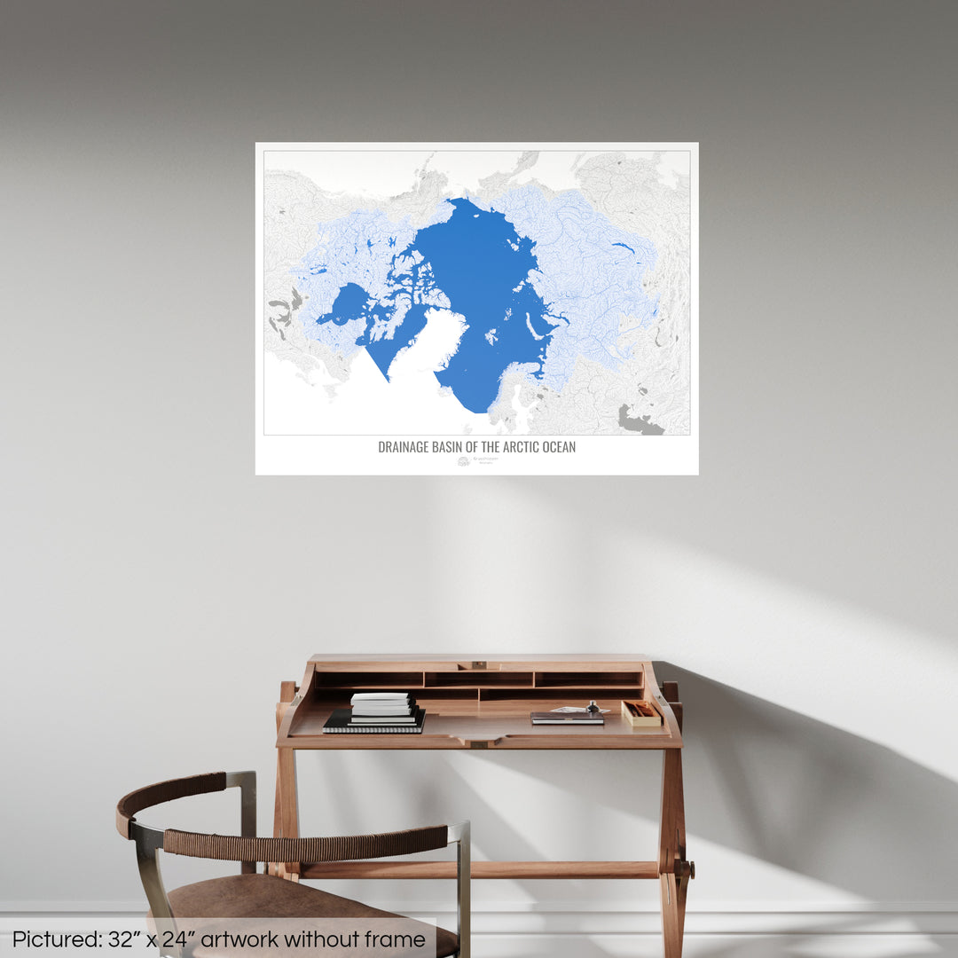 Oceano Ártico - Mapa de bacia de drenagem, branco v2 - Impressão de belas artes