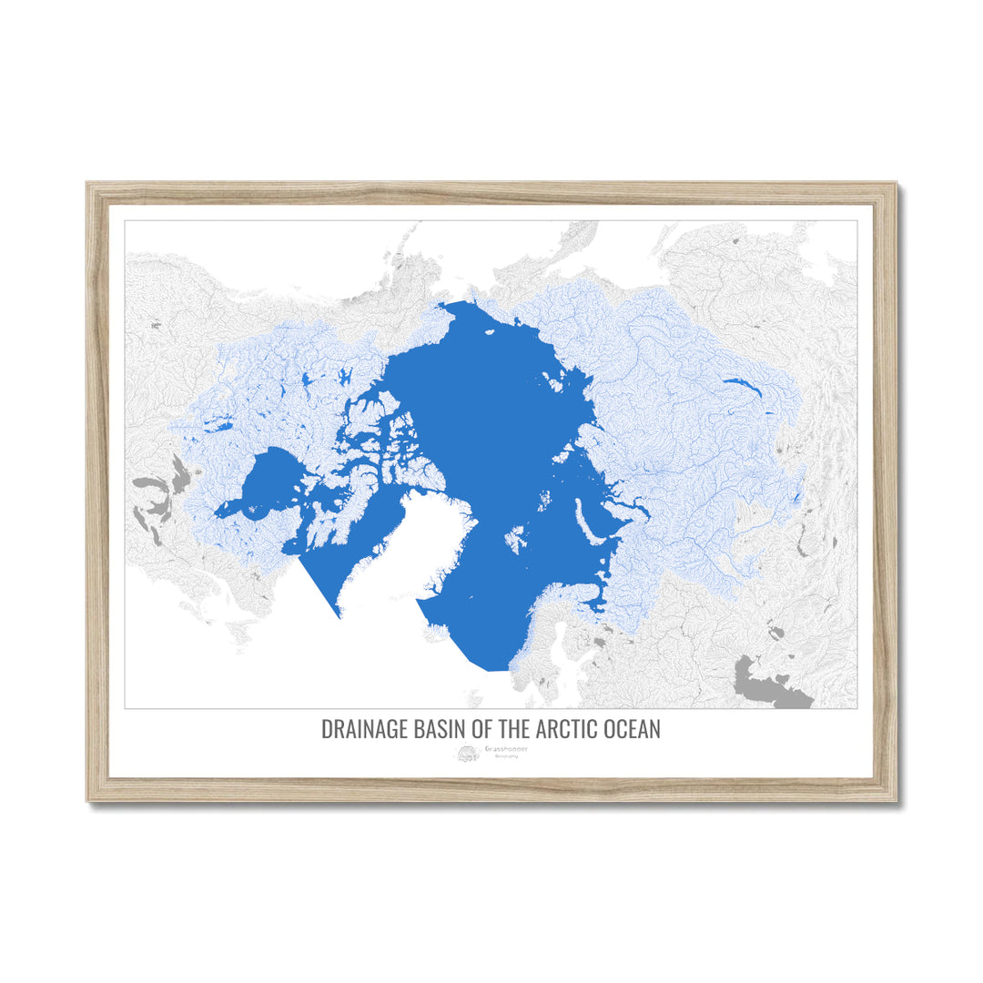 Océano Ártico - Mapa de cuencas de drenaje, blanco v2 - Lámina enmarcada