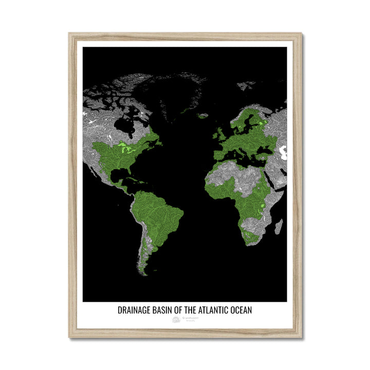 Atlantic Ocean - Drainage basin map, black v1 - Framed Print