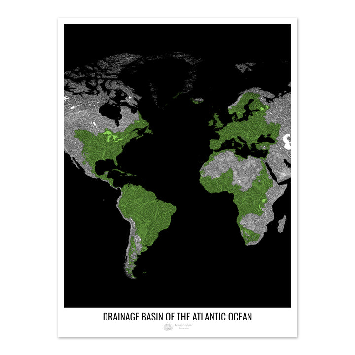 Océano Atlántico - Mapa de la cuenca de drenaje, negro v1 - Impresión de bellas artes