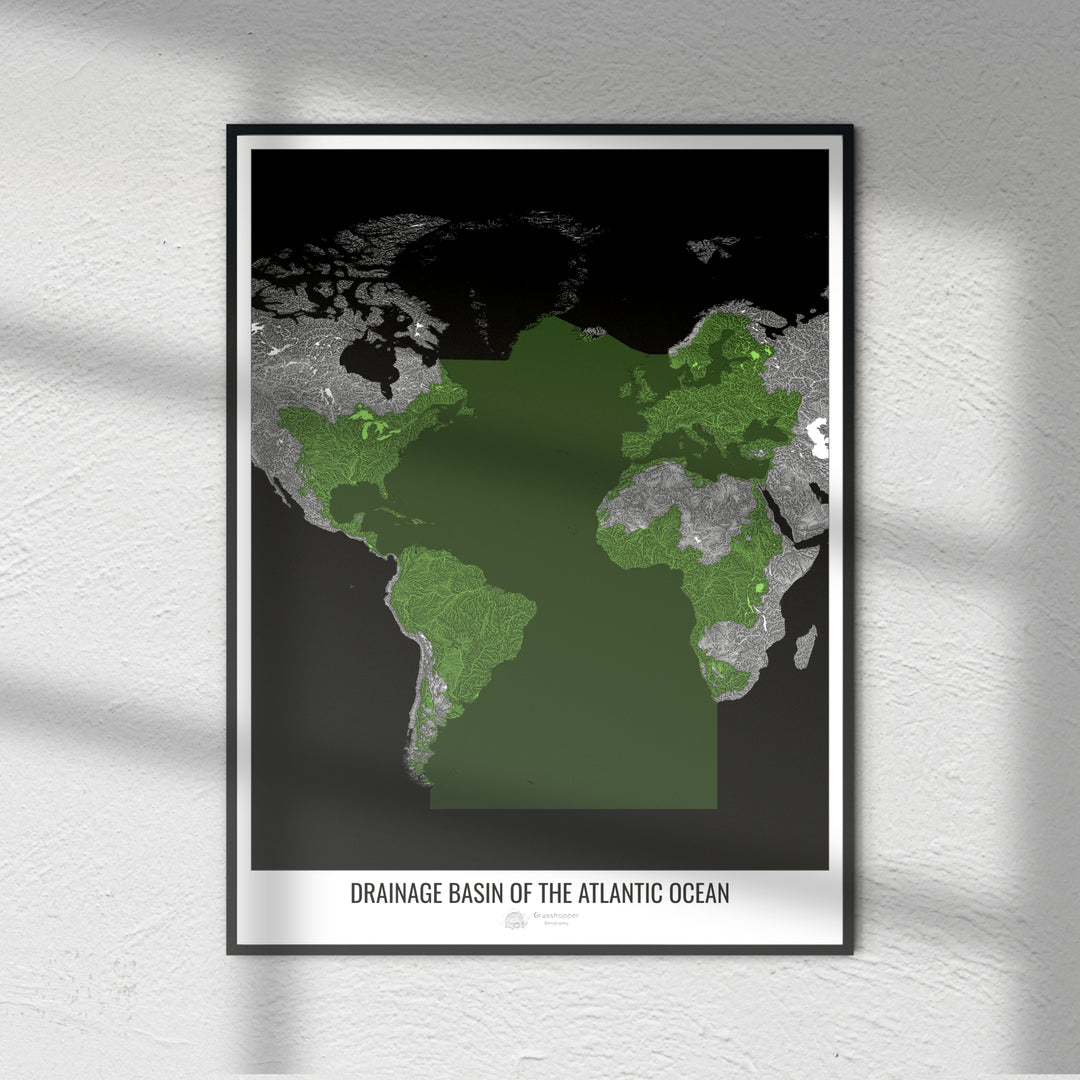 Océan Atlantique - Carte des bassins versants, noir v2 - Fine Art Print