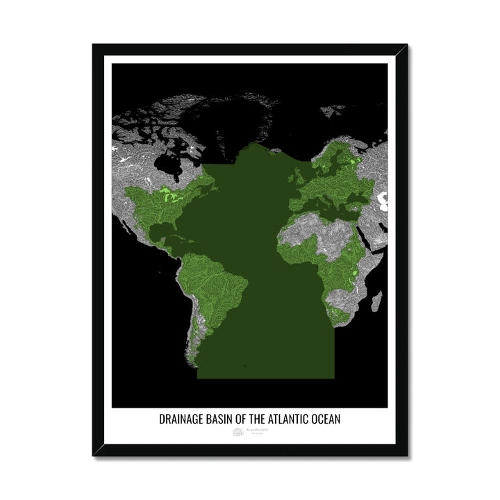 Atlantic Ocean - Drainage basin map, black v2 - Framed Print