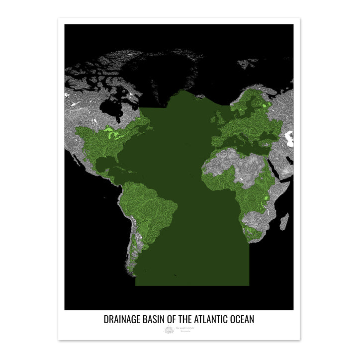 Océano Atlántico - Mapa de la cuenca de drenaje, negro v2 - Impresión de bellas artes