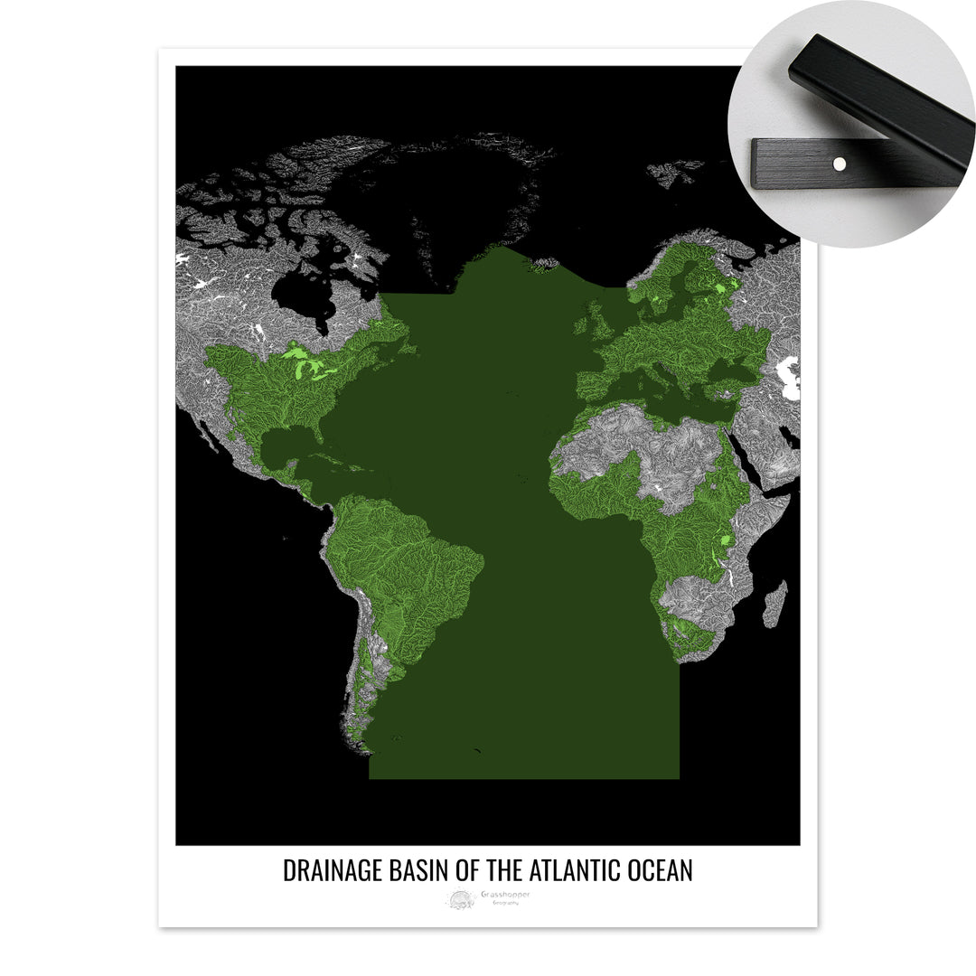 Océano Atlántico - Mapa de la cuenca de drenaje, negro v2 - Impresión artística con colgador