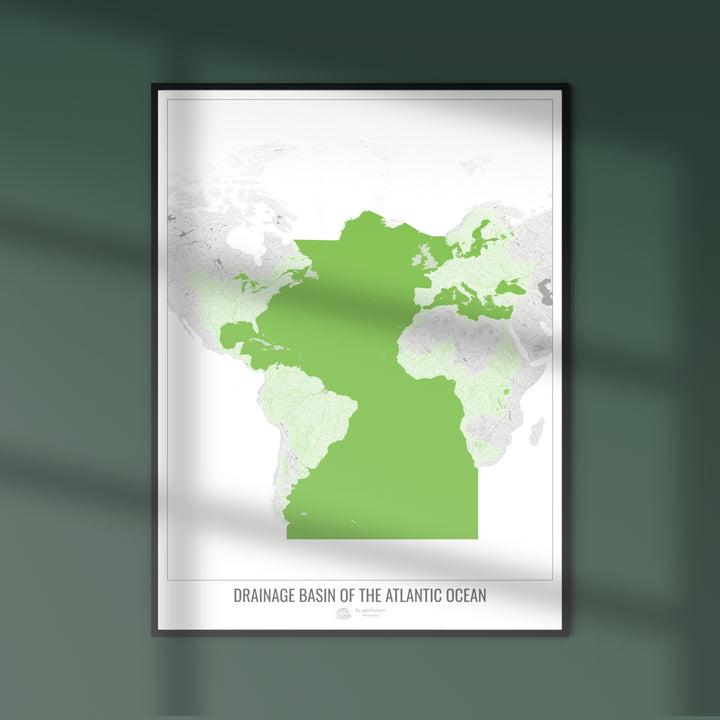 Oceano Atlântico - Mapa de bacias hidrográficas, branco v2 - Impressão de arte fotográfica