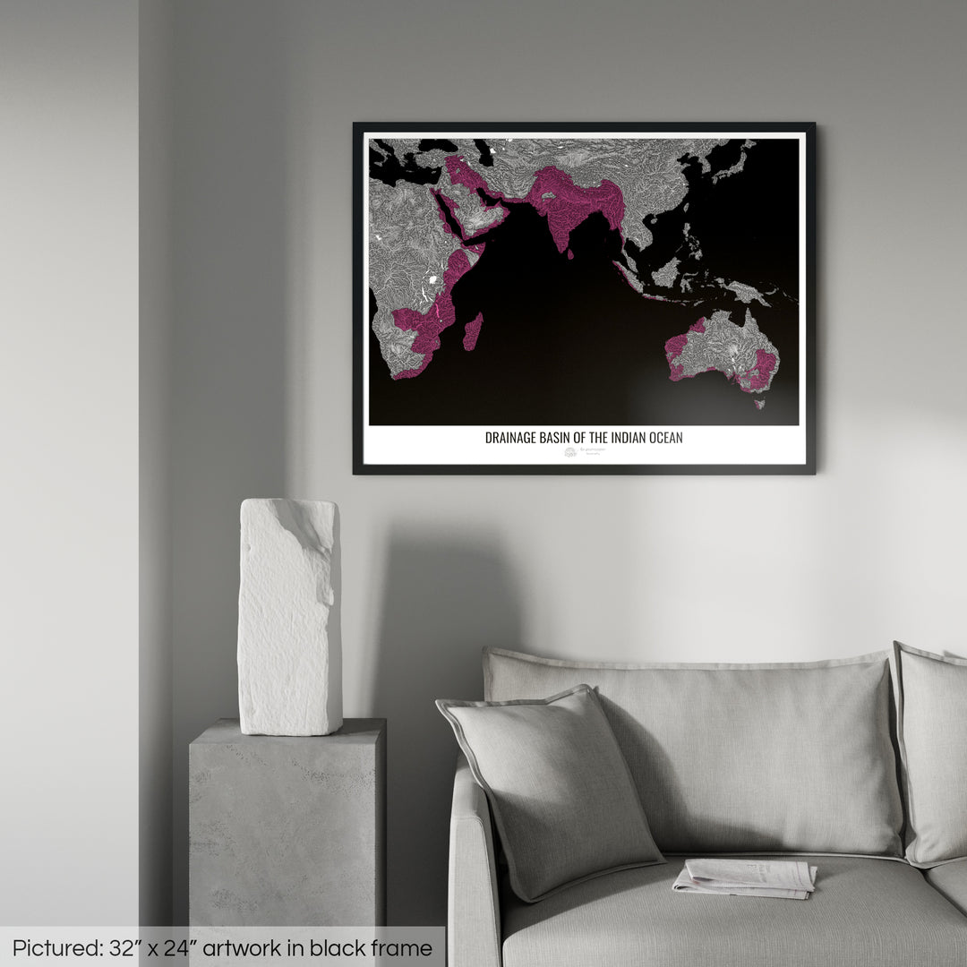 Indian Ocean - Drainage basin map, black v2 - Framed Print