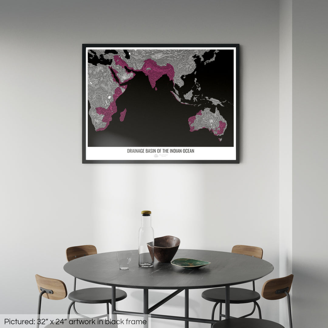 Indian Ocean - Drainage basin map, black v1 - Framed Print