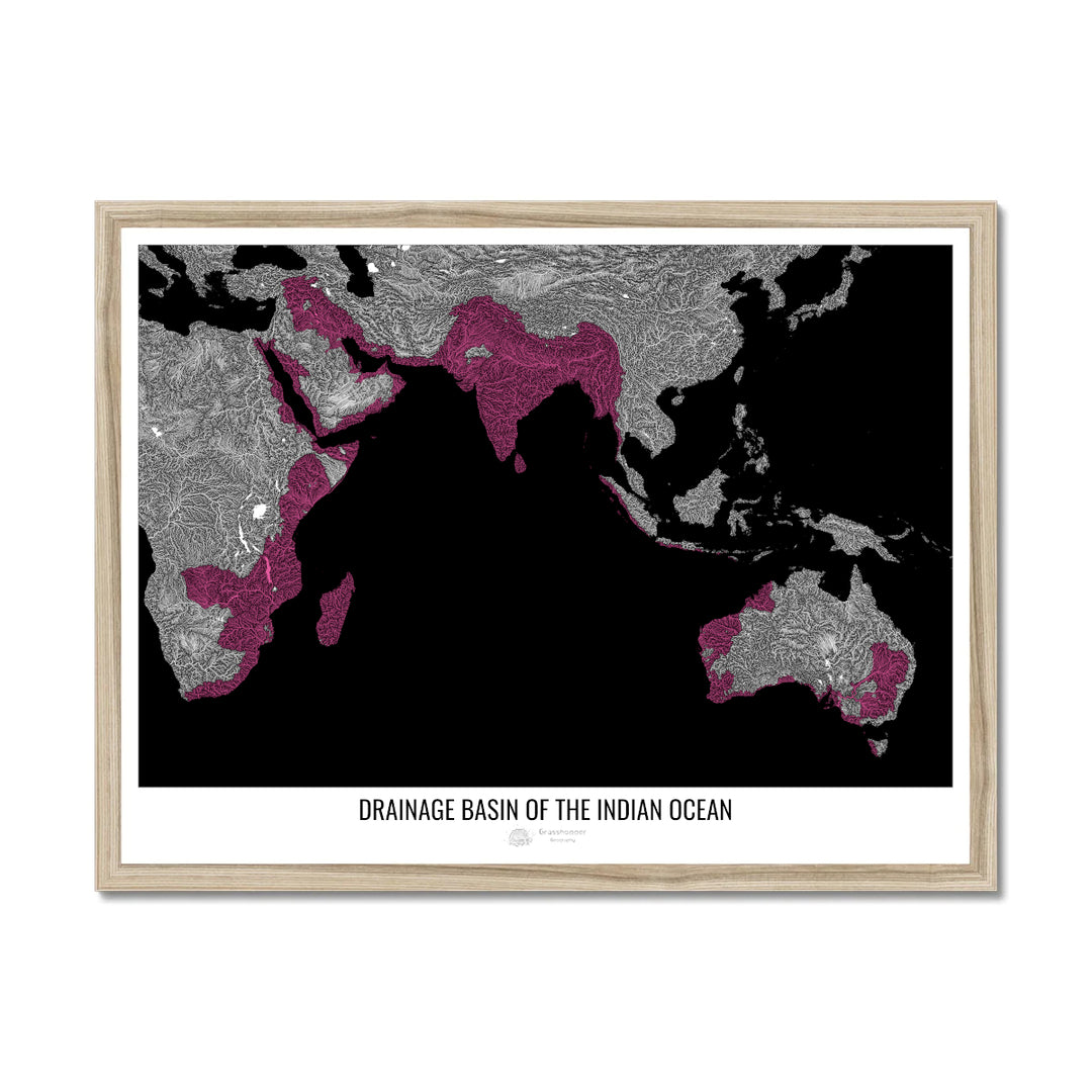 Océano Índico - Mapa de cuencas de drenaje, negro v1 - Lámina enmarcada