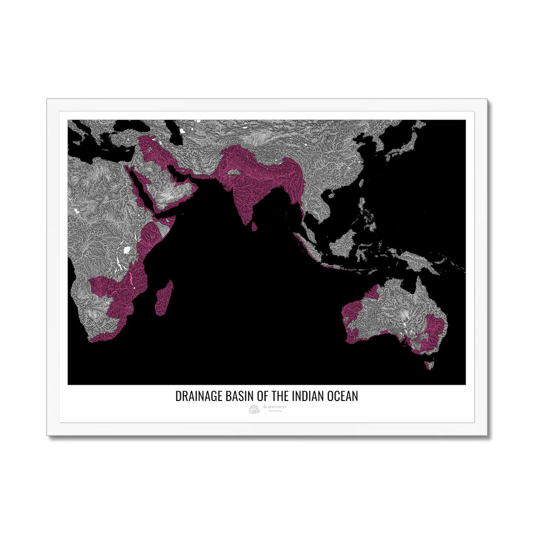 Océano Índico - Mapa de cuencas de drenaje, negro v1 - Lámina enmarcada