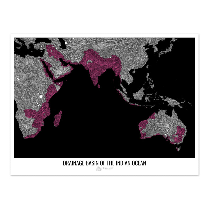 Océano Índico - Mapa de la cuenca de drenaje, negro v1 - Impresión de bellas artes