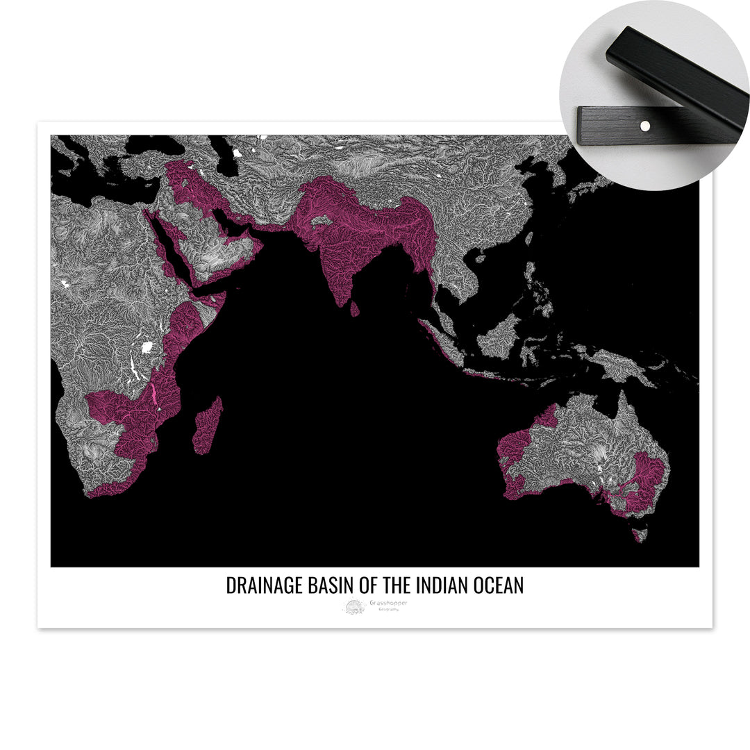 Indian Ocean - Drainage basin map, black v1 - Fine Art Print with Hanger