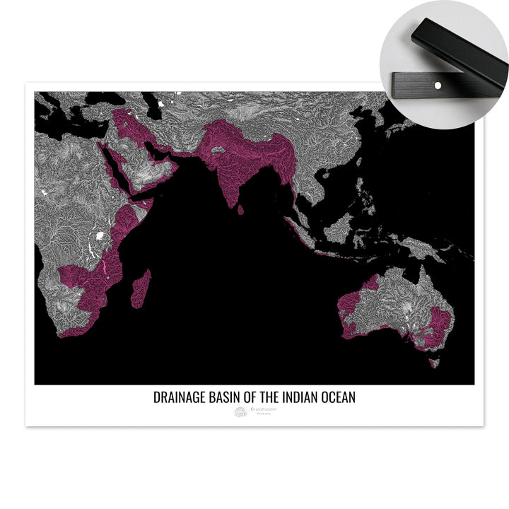 Océan Indien - Carte des bassins hydrographiques, noir v1 - Tirage d'art avec cintre