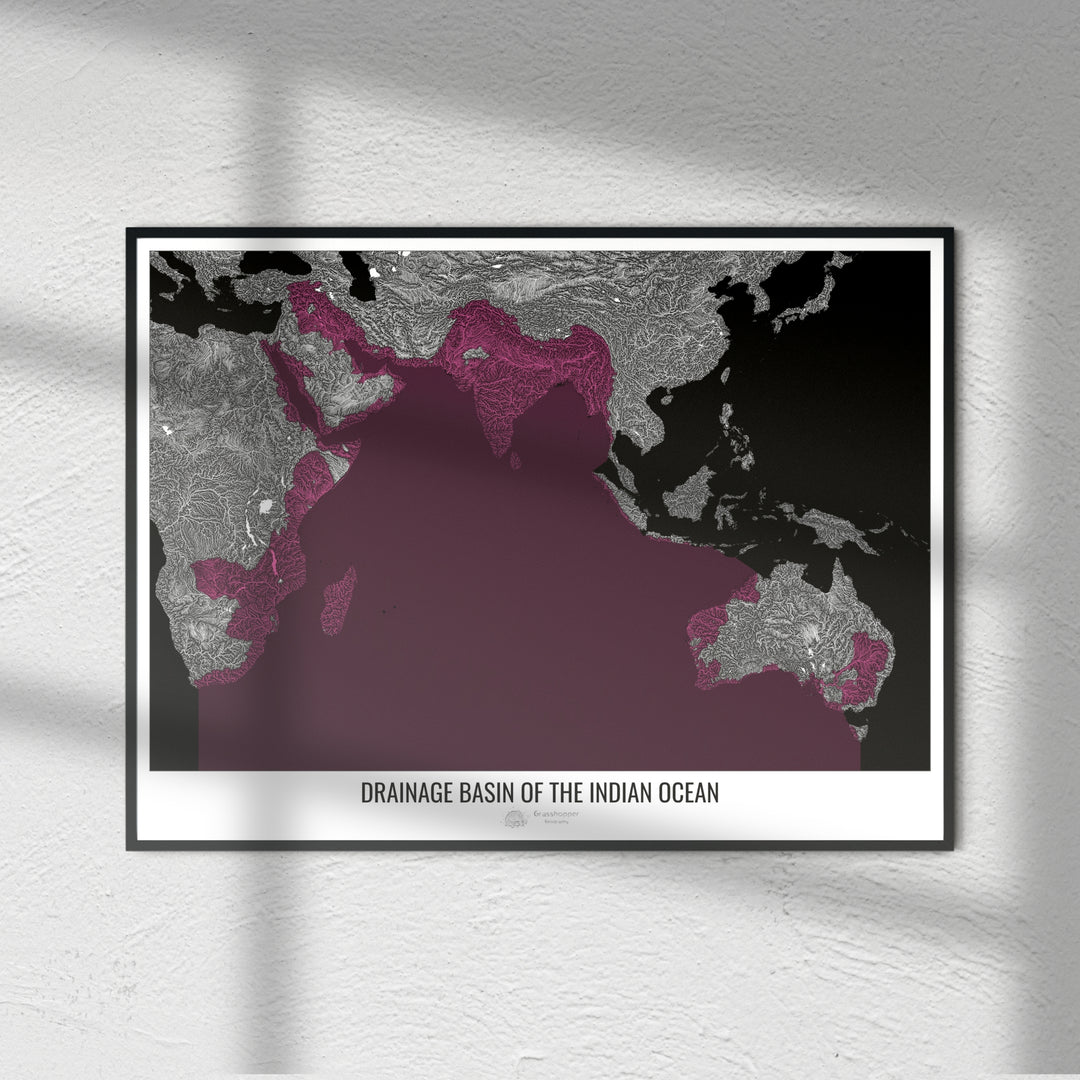 Océano Índico - Mapa de la cuenca de drenaje, negro v2 - Impresión de bellas artes
