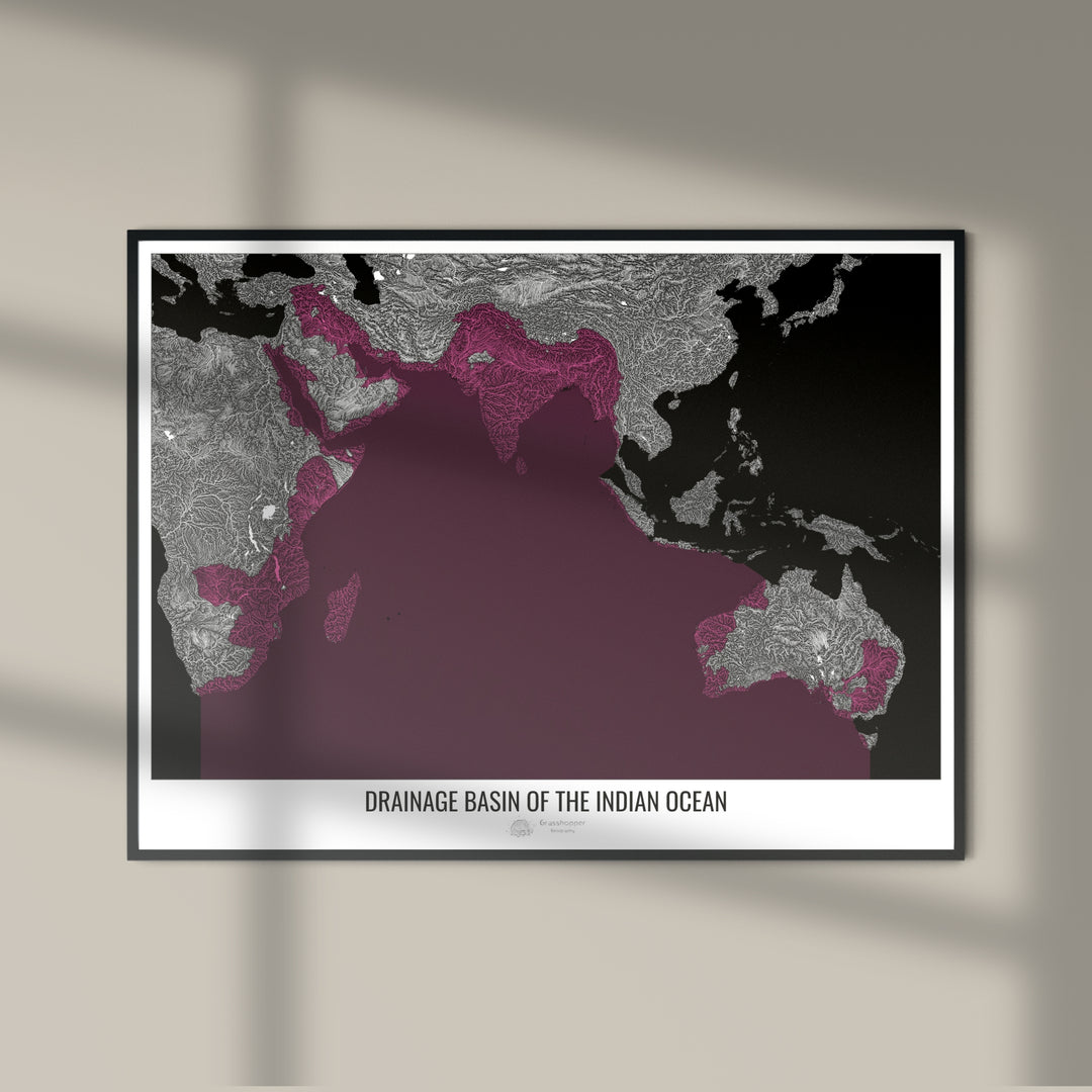 Océano Índico - Mapa de la cuenca de drenaje, negro v2 - Impresión fotográfica