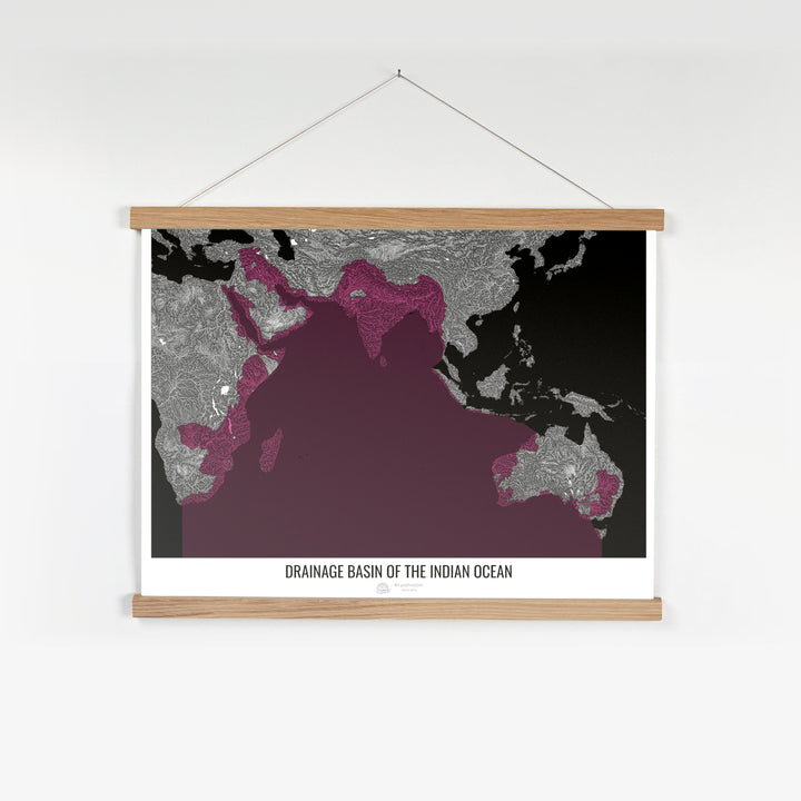 Océan Indien - Carte des bassins hydrographiques, noir v2 - Tirage d'art avec cintre