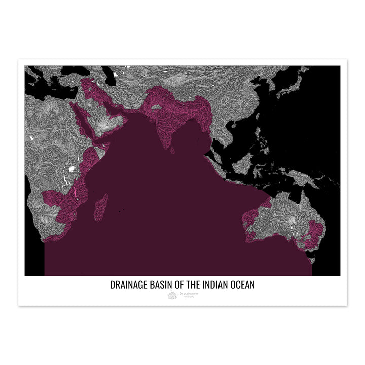 Océano Índico - Mapa de la cuenca de drenaje, negro v2 - Impresión de bellas artes