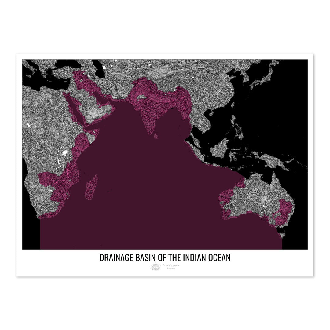 Océan Indien - Carte des bassins hydrographiques, noir v2 - Tableau photo - Tirage d'art