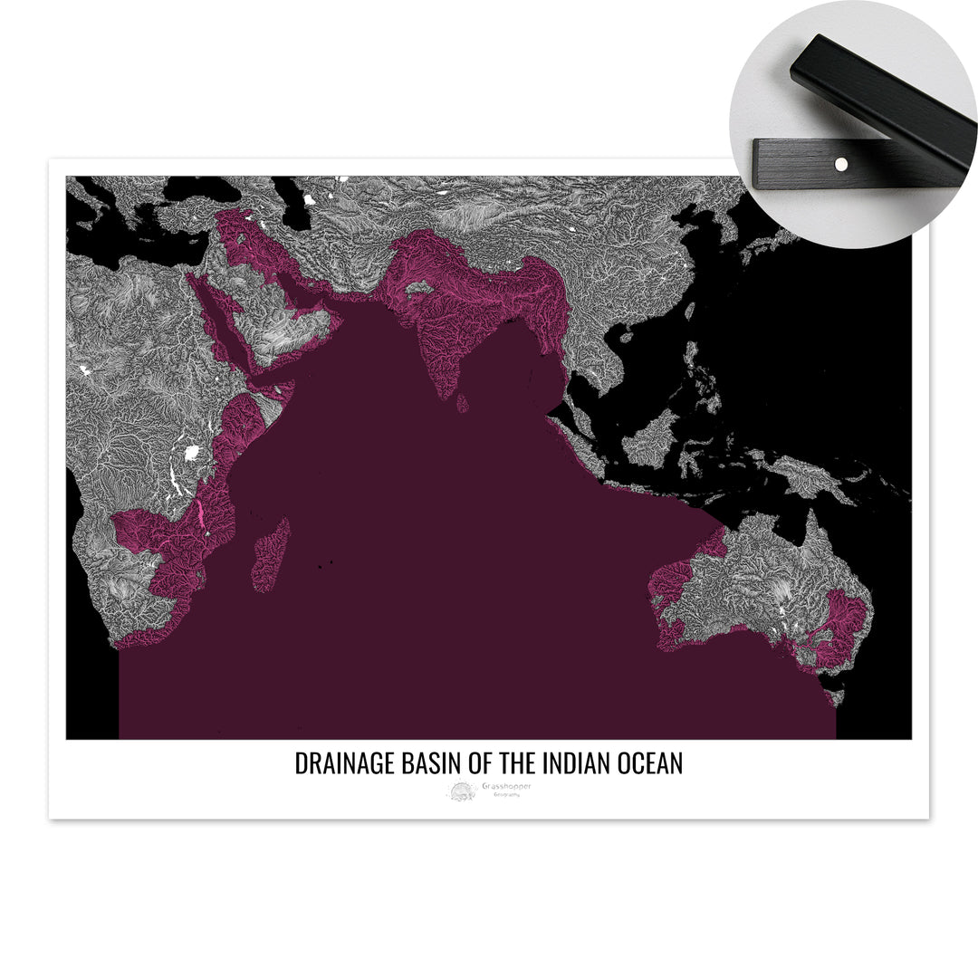 Océan Indien - Carte des bassins hydrographiques, noir v2 - Tirage d'art avec cintre