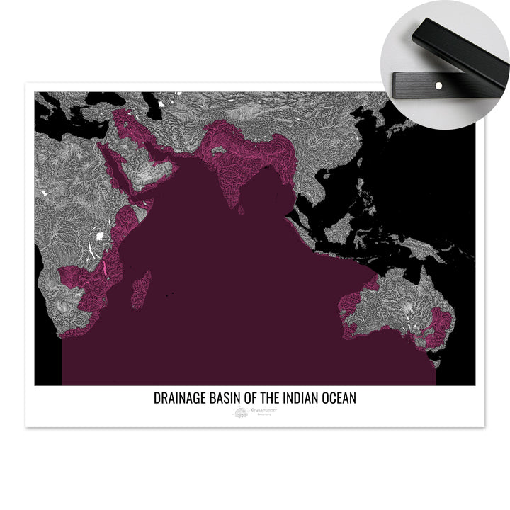 Océano Índico - Mapa de la cuenca de drenaje, negro v2 - Impresión artística con colgador