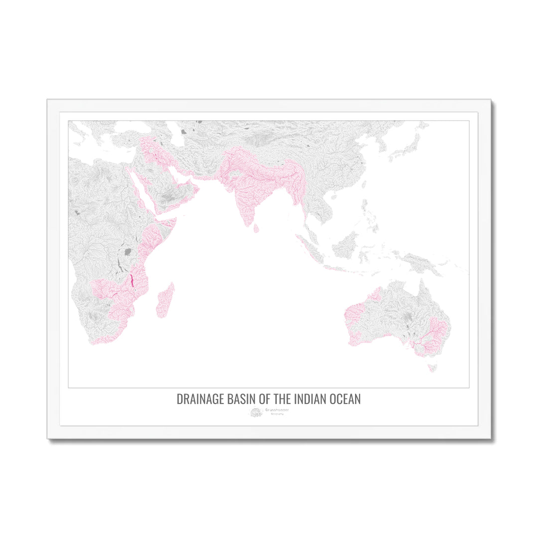 Océano Índico - Mapa de cuencas de drenaje, blanco v1 - Lámina enmarcada