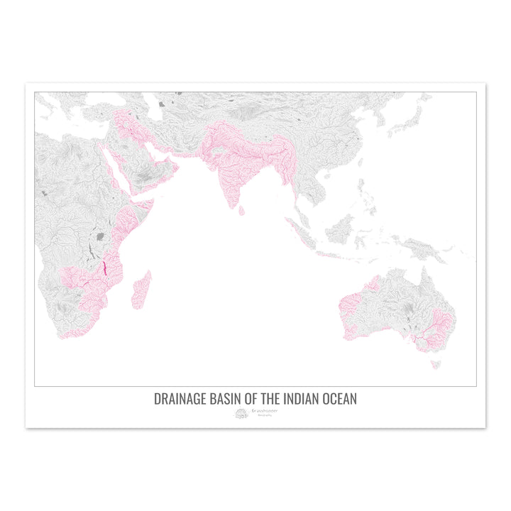 Océano Índico - Mapa de la cuenca de drenaje, blanco v1 - Impresión de bellas artes