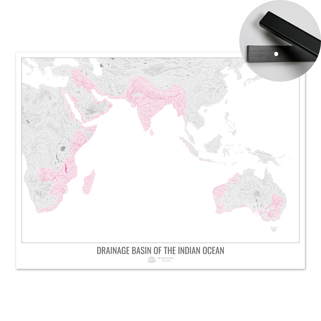Océano Índico - Mapa de la cuenca de drenaje, blanco v1 - Impresión artística con colgador