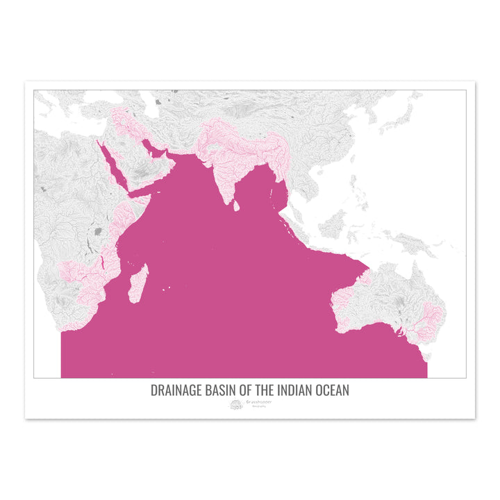 Océano Índico - Mapa de la cuenca de drenaje, blanco v2 - Impresión de bellas artes