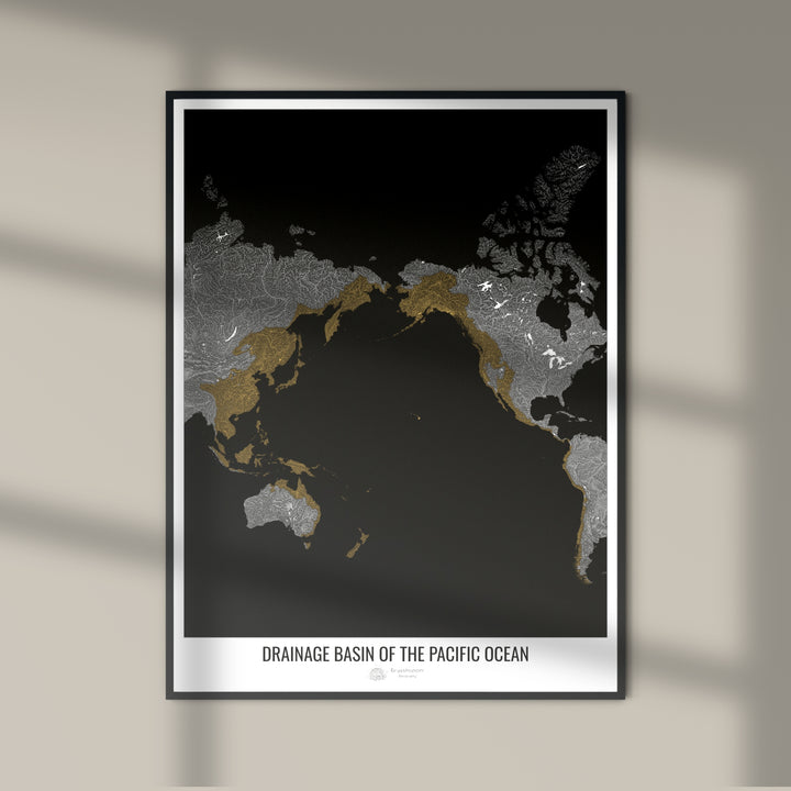 Océan Pacifique - Carte des bassins hydrographiques, noir v1 - Tirage photo artistique