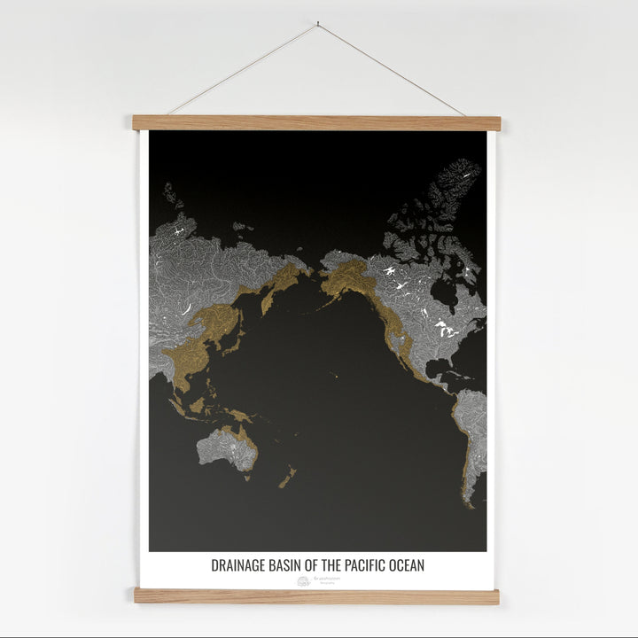 Océano Pacífico - Mapa de la cuenca de drenaje, negro v1 - Impresión artística con colgador