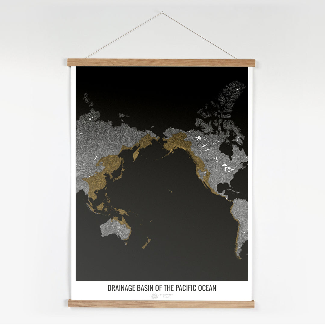 Océan Pacifique - Carte des bassins hydrographiques, noir v1 - Tirage d'art avec cintre