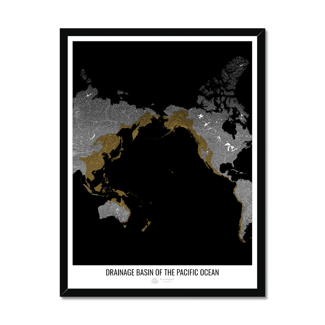 Océan Pacifique - Carte des bassins versants, noir v1 - Impression encadrée