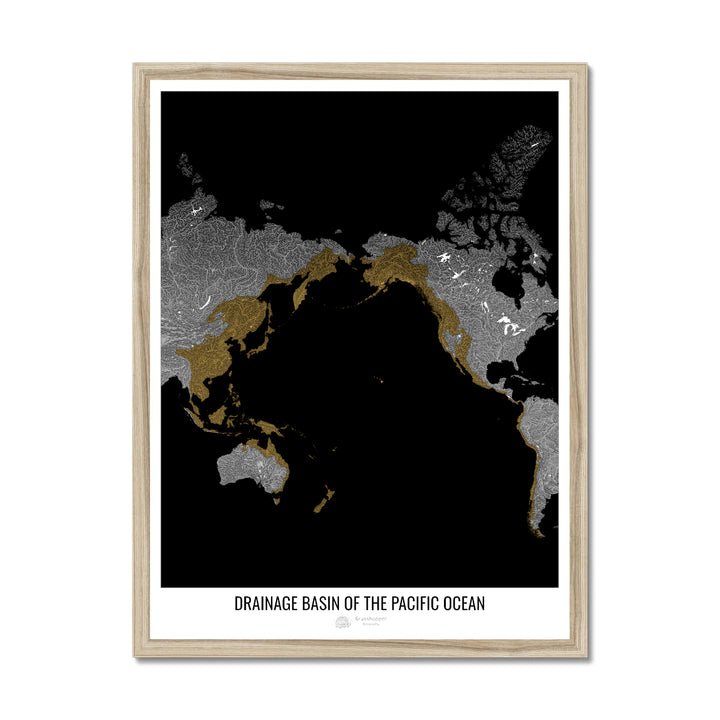Océan Pacifique - Carte des bassins versants, noir v1 - Impression encadrée
