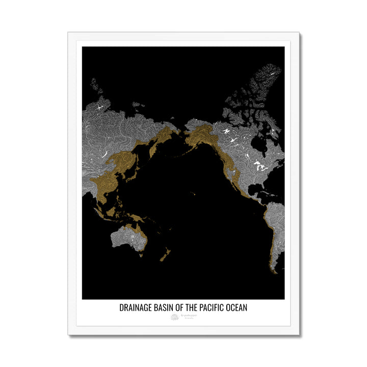 Océano Pacífico - Mapa de cuencas de drenaje, negro v1 - Lámina enmarcada