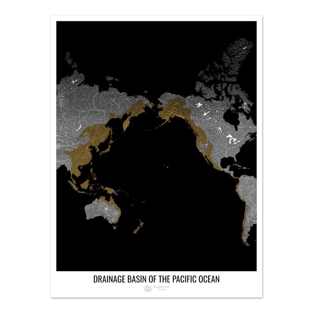 Océano Pacífico - Mapa de la cuenca de drenaje, negro v1 - Impresión de bellas artes