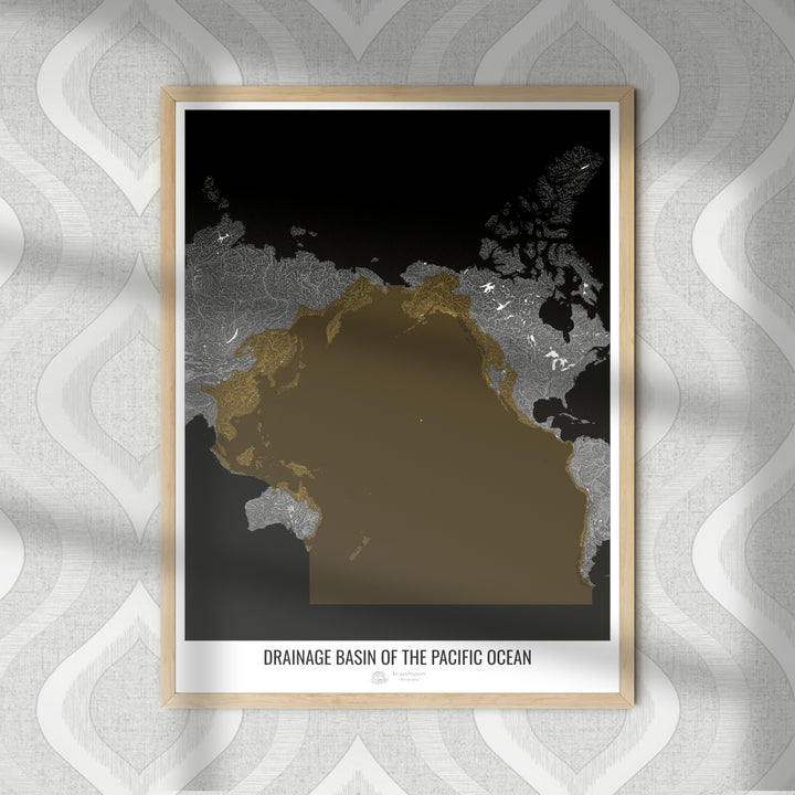 Océano Pacífico - Mapa de la cuenca de drenaje, negro v2 - Impresión de bellas artes