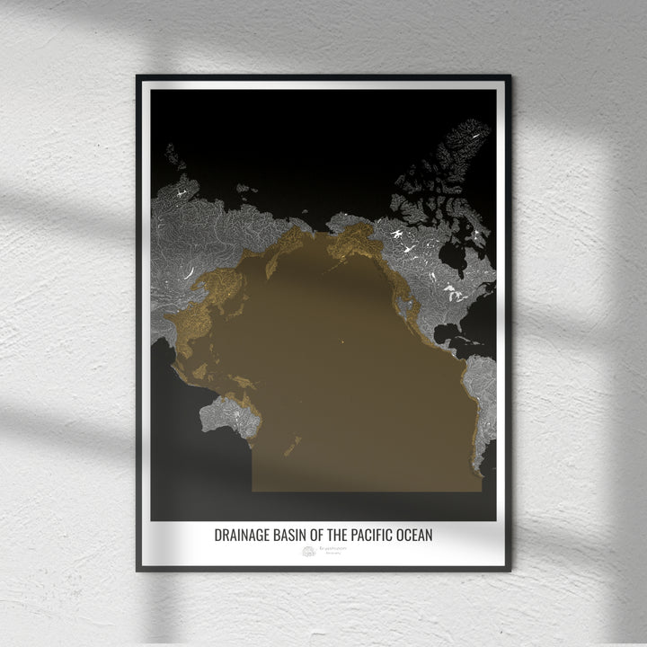Océan Pacifique - Carte des bassins hydrographiques, noir v2 - Tirage photo d'art