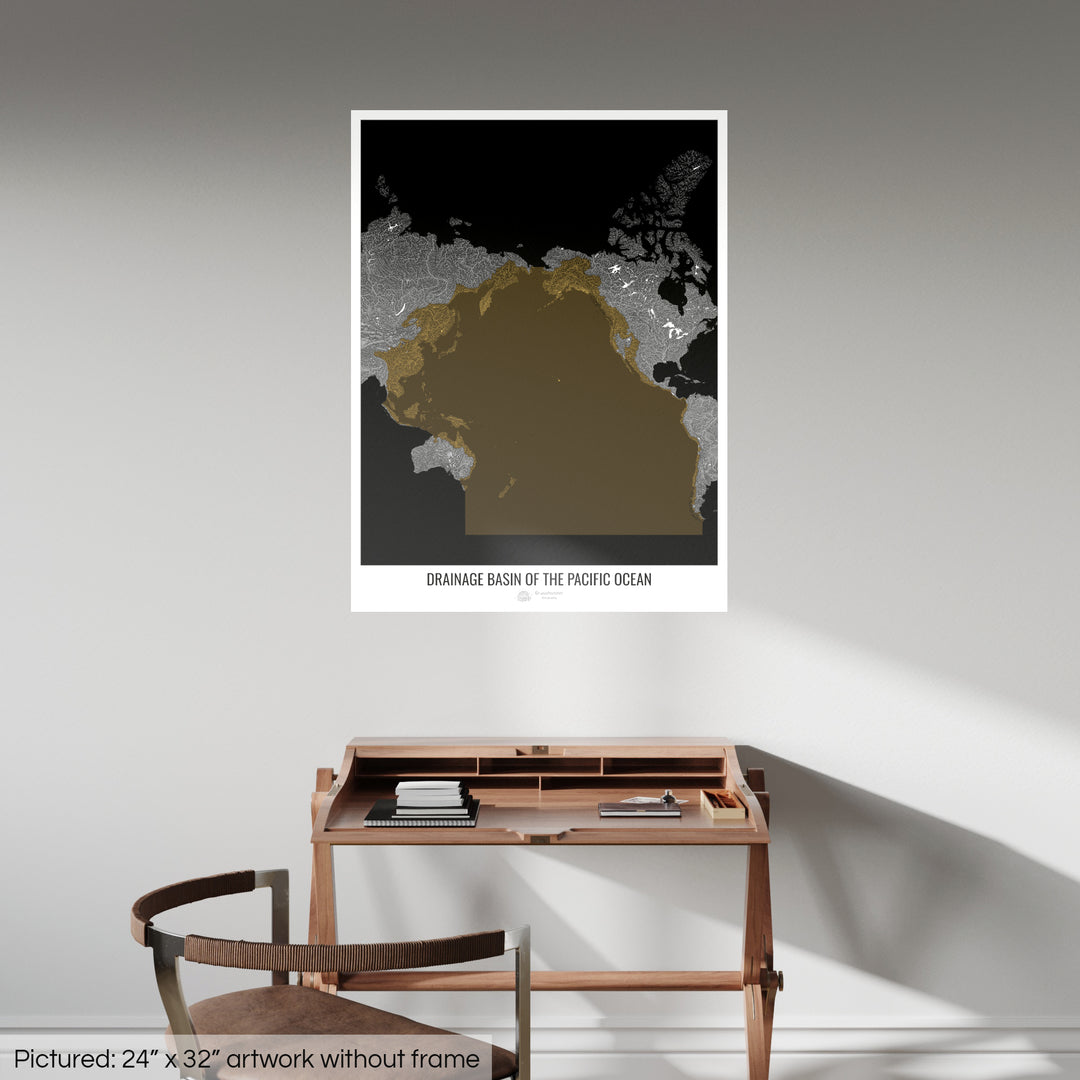 Océan Pacifique - Carte des bassins hydrographiques, noir v2 - Fine Art Print