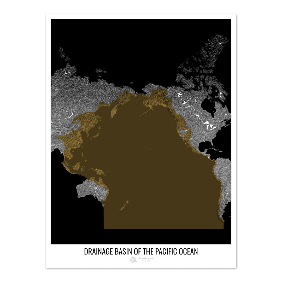 Océano Pacífico - Mapa de la cuenca de drenaje, negro v2 - Impresión de bellas artes