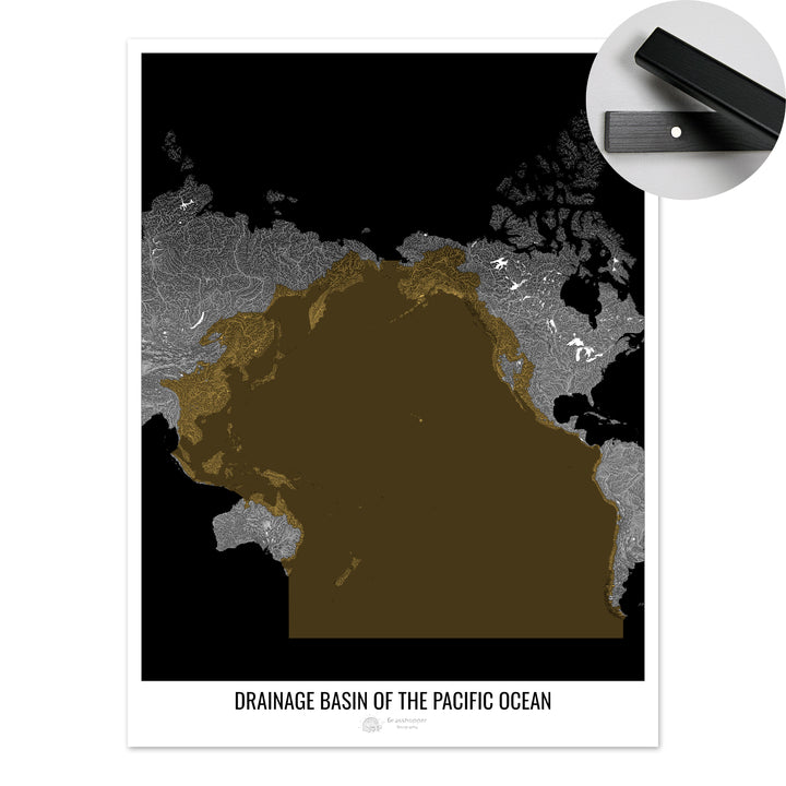 Océano Pacífico - Mapa de la cuenca de drenaje, negro v2 - Impresión artística con colgador