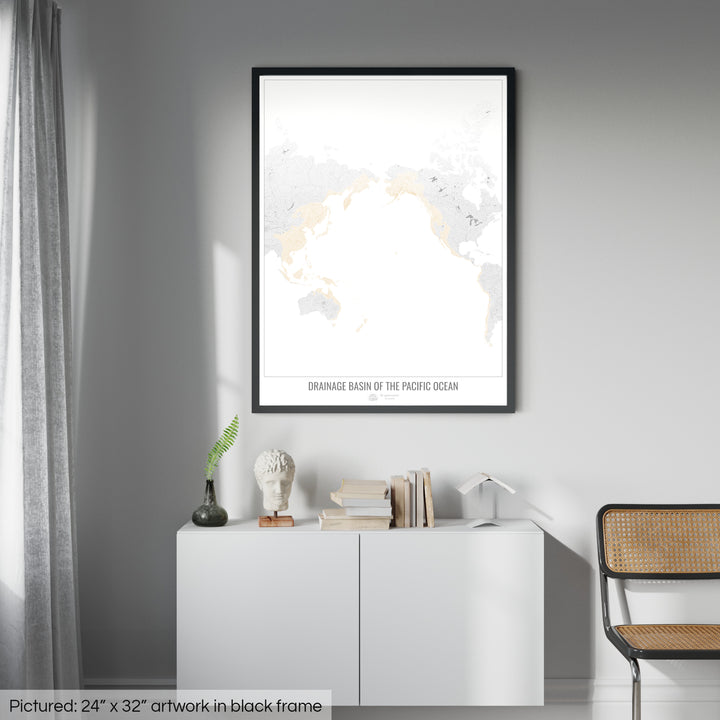Pacific Ocean - Drainage basin map, white v1 - Framed Print