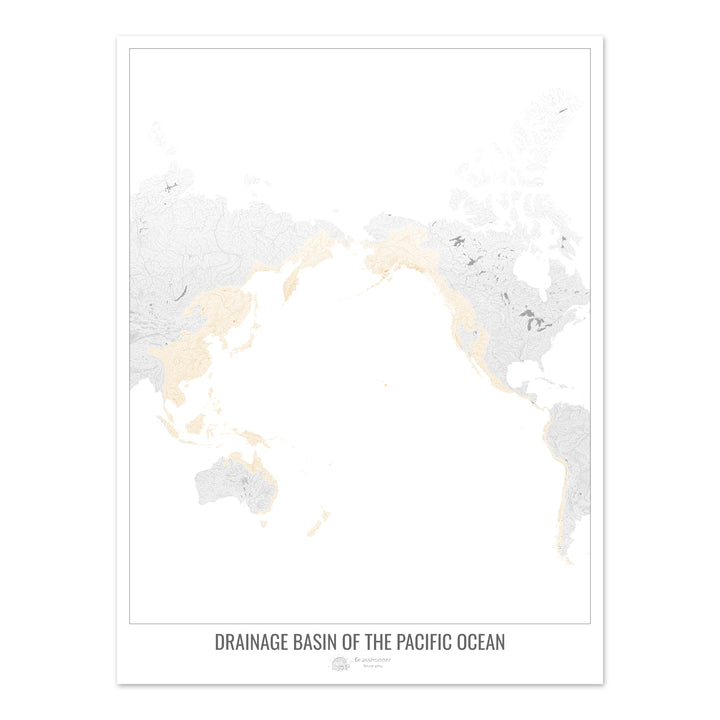 Océano Pacífico - Mapa de la cuenca de drenaje, blanco v1 - Impresión de bellas artes